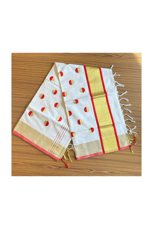 KaithariKada HANDLOOM UNAKKUPAAV Balaramapuram Kerala Saree for Women- 100% PURE  Cotton with Kasavu & Red Circle design  WITH KUNJALAM - 2KK483KK