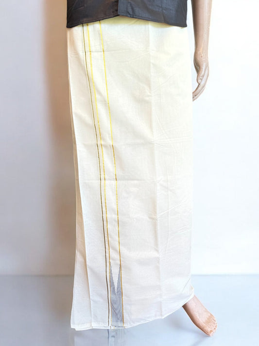 28% OFFER ! KaithariKada Balaramapuram 100% Cotton Double OFF WHITE - (Unbleached) Mundu/Dhoti-100x100 - 2 inch  Puliyilakkara Heavy Chutty Black KASAV Stripes - 2KK490ASH.