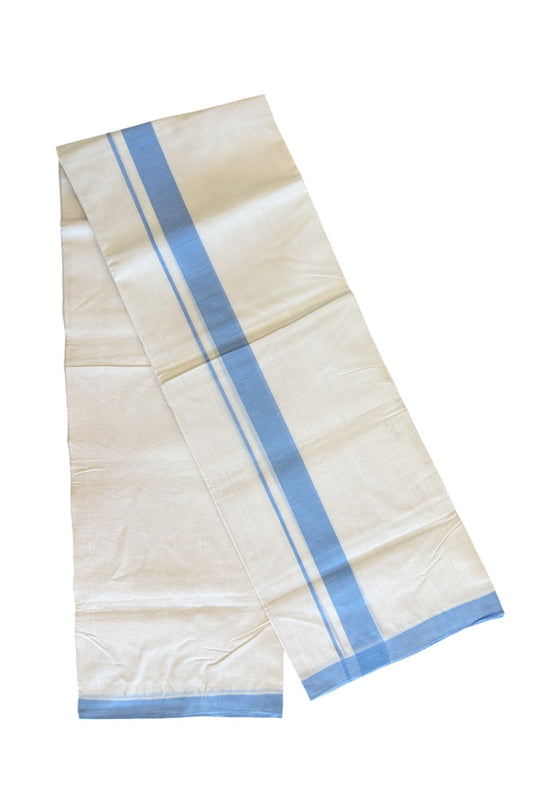 30% DISCOUNT!! KaithariKada HANDLOOM millpaav Balaramapuram - 100% PURE Cotton OFF White Double - (Unbleached) Mundu/Dothi - 2 inch Light Blue Mulloth Kara 3.75 Meters  (8 Muzham) - 2KK498KK