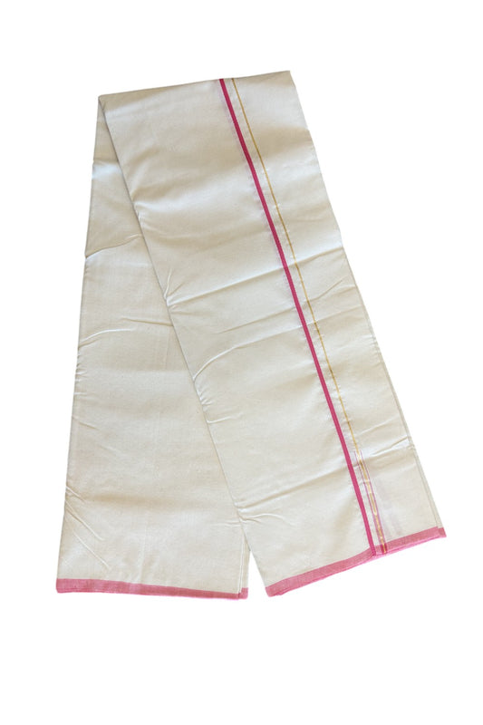 SIGNATURE KAITHARIKADA EXCLUSIVE SINGLE DHOTI - 100% Cotton Balaramapuram HANDLOOM Single Mundu/Dhoti - Off White - (Unbleached) 0.25 Inch Pink & KASAVU Chutty Kara (2 meter / 4 muzham) - 2KK5010KAI