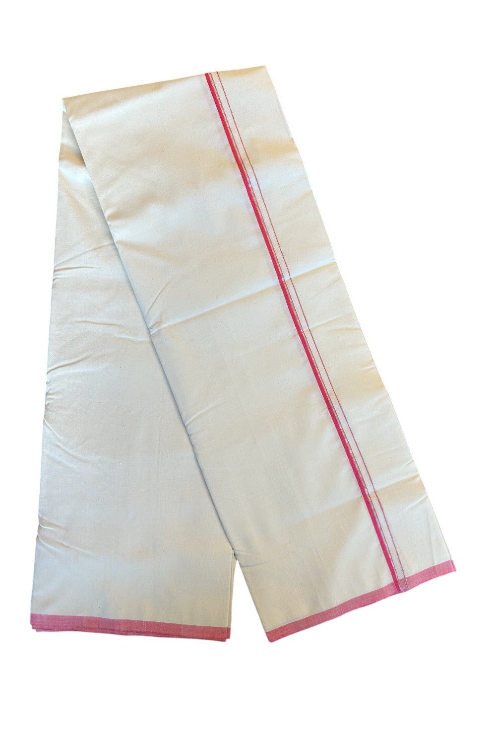 30% Discount!! SIGNATURE KAITHARIKADA EXCLUSIVE SINGLE DHOTI - 100% Cotton Balaramapuram HANDLOOM Single Mundu/Dhoti - Off White - (Unbleached) 0.75 Inch Pink & Silver KASAVU Kara (2 metre / 4 muzham) - 2KK5013KAI