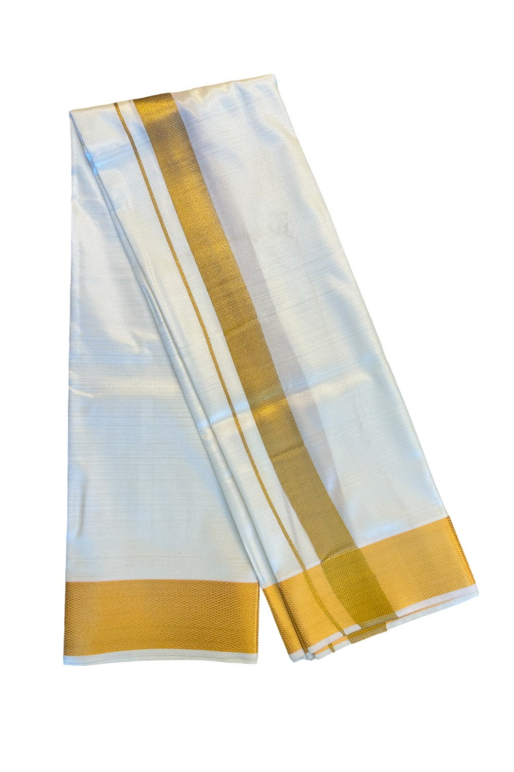 KaithariKada Balaramapuram 100% Art Silk OFF WHITE Double Mundu/Dhoti & Neriyath - 2.5inch Gold Kasavu kara - 3KK5015KAN