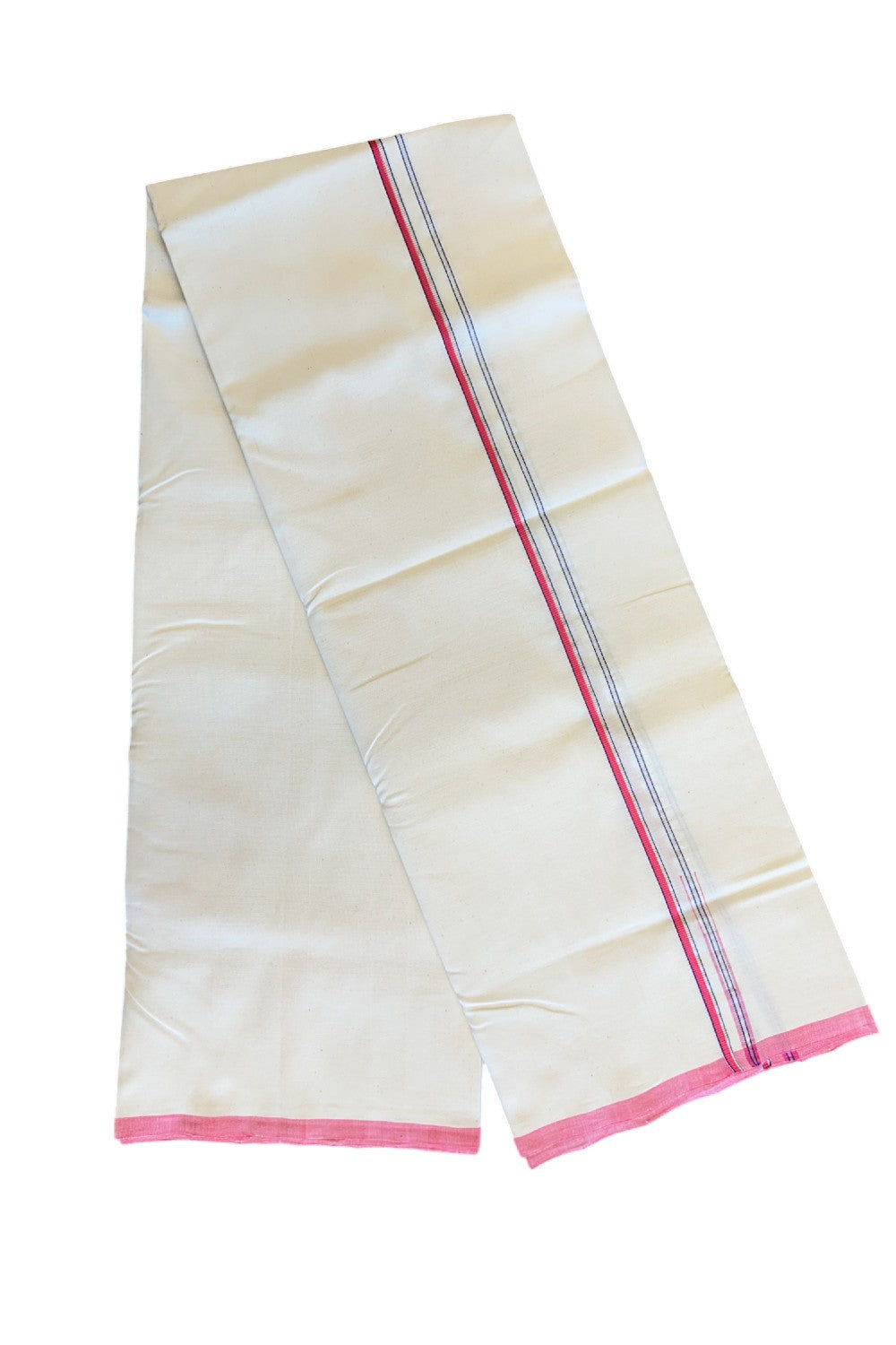 30% Discount!! SIGNATURE KAITHARIKADA EXCLUSIVE SINGLE DHOTI - 100% Cotton Balaramapuram HANDLOOM Single Mundu/Dhoti - Off White - (Unbleached) 1cm Pink Blue & Silver KASAVU Chutty Kara (2 metre / 4 muzham)- 2KK5021KAI