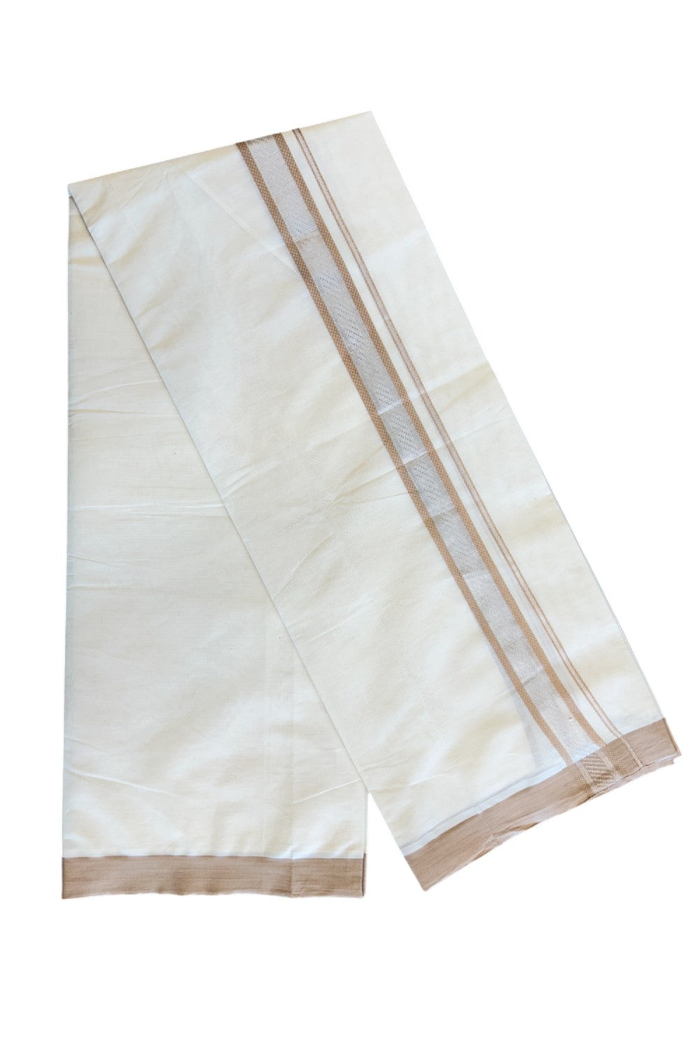 25% Discount!!! KaithariKada Balaramapuram  Double Off white - (Unbleached) Mundu/Dhoti - 80X90 - 2 inch SILVER  KASAVU & Sand brown pattern Kara - 2KK5037KAI