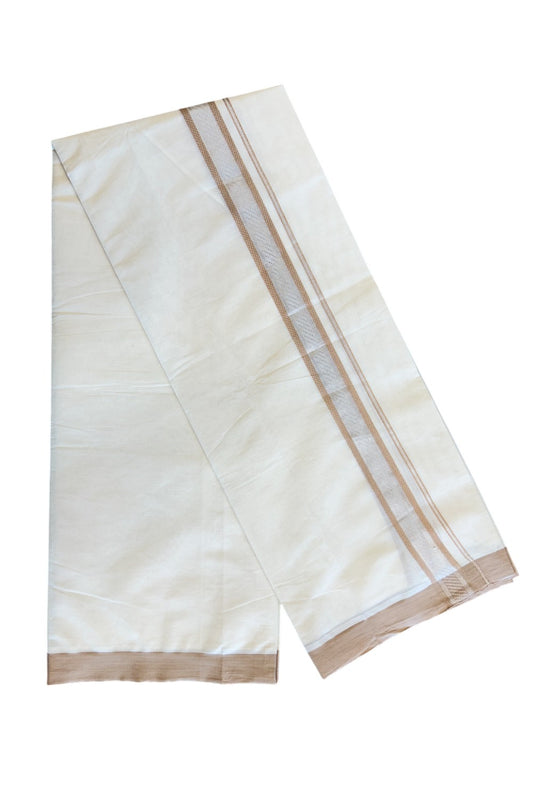 25% Discount!!! KaithariKada Balaramapuram  Double Off white - (Unbleached) Mundu/Dhoti - 80X90 - 2 inch SILVER  KASAVU & Sand brown pattern Kara - 2KK5037KAI