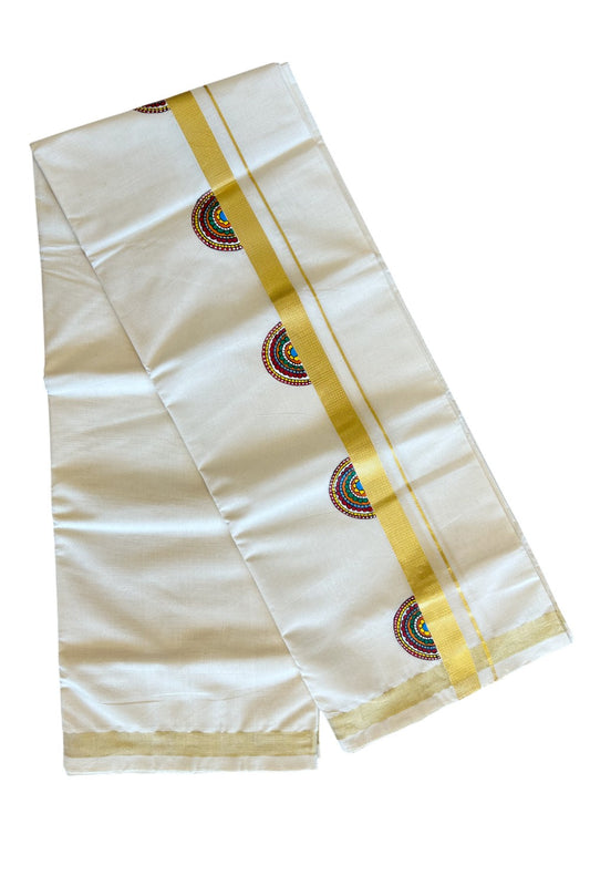 KaithariKada HANDLOOM Millpaav Balaramapuram - 100% PURE Cotton OFF White - (Unbleached) Double Mundu/Dothi - 1.75 Inch Hand Painted Flower Design & Kasavu Kara - 2KK5038KK