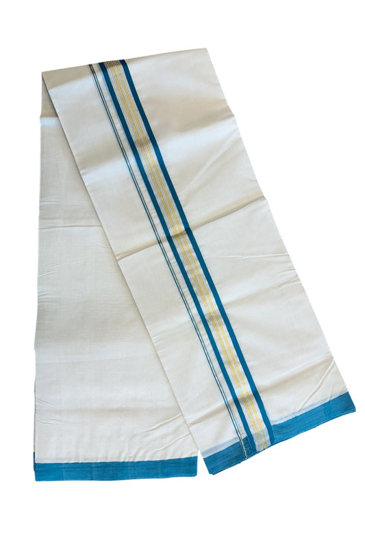 30% DISCOUNT! KaithariKada HANDLOOM Millpaav Balaramapuram - 100% PURE Cotton Off White (Unbleached) - 100x100 Double Mundu/Dhoti - 2 inch Gold & Silver Kasavu Peacock green Stripes Kara-81