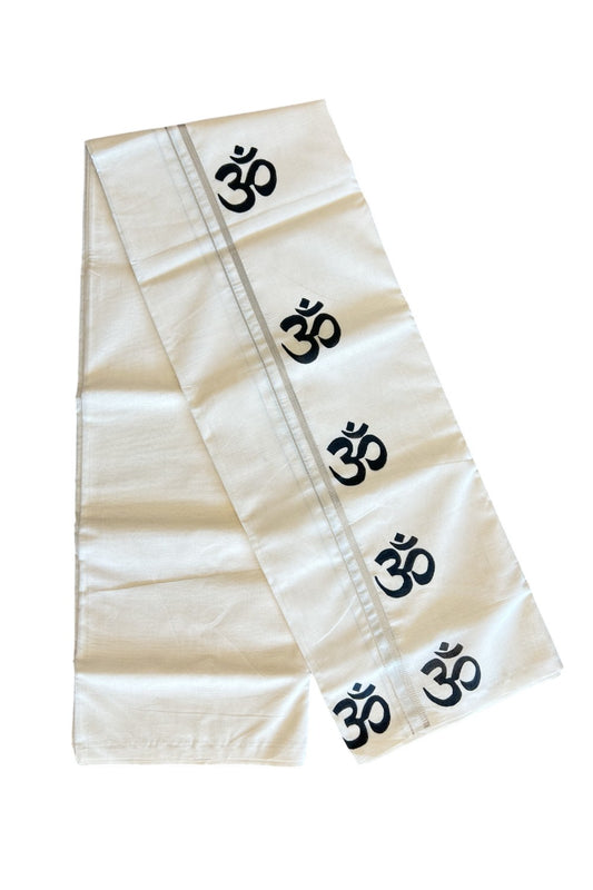 KaithariKada Balaramapuram 100% Cotton Double Off white - (Unbleached) Mundu/Dhoti-100x80 0.75 inch SILVER Kasavu & Hand Painted Mural Ohm Design Kara 3.70 meter (8 Muzham) - 2KK5046KK