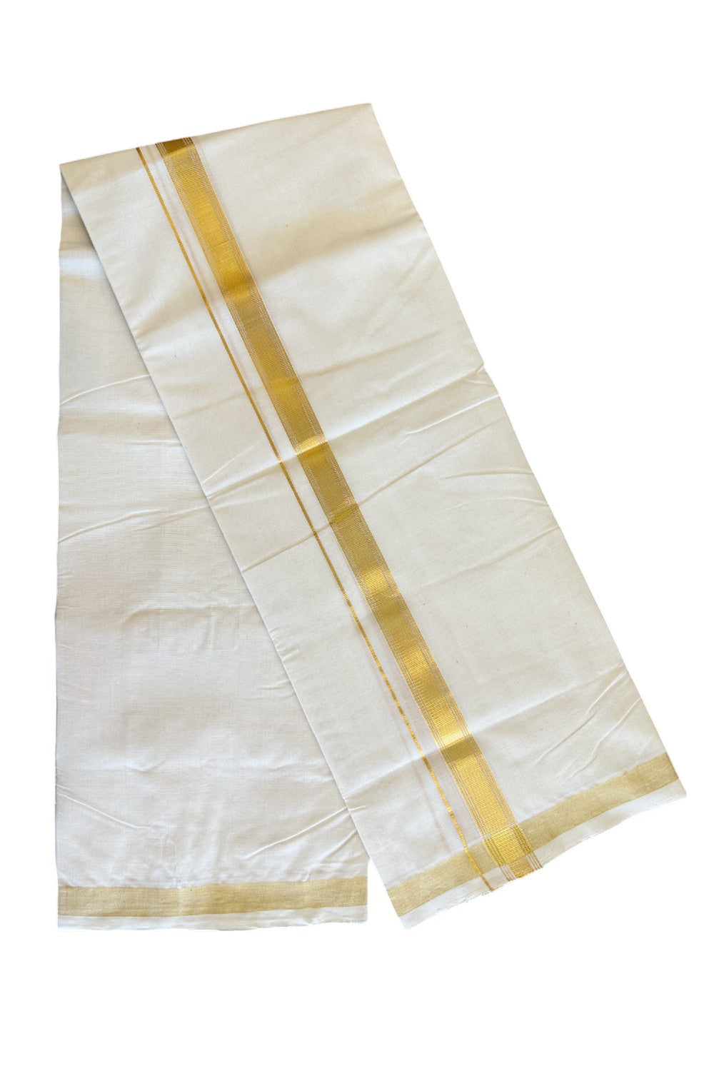25% DISCOUNT!! KaithariKada HANDLOOM Millpaav Balaramapuram - 100% PURE Cotton OFF White - (Unbleached) Double Mundu/Dothi - 1.65 Inch Kasavu stripes Kara - 2KK504RAM