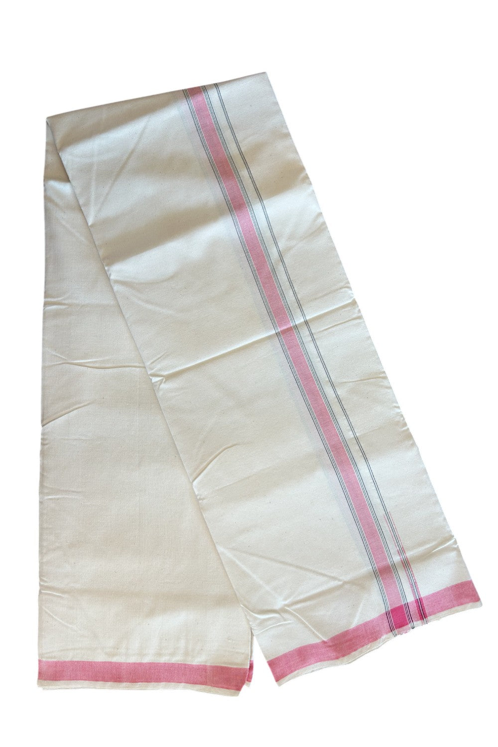 30% Discount ! KaithariKada 100% Cotton Balaramapuram HANDLOOM Single Mundu/Dhoti - Off White - (Unbleached) - 1 inch Puliyilakkara  Pink Chutty & Black Stripes Kara  (2 meter / 4 muzham) - 2KK5065KK