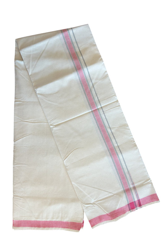 30% Discount ! KaithariKada 100% Cotton Balaramapuram HANDLOOM Single Mundu/Dhoti - Off White - (Unbleached) - 1 inch Puliyilakkara  Pink Chutty & Black Stripes Kara  (2 meter / 4 muzham) - 2KK5065KK