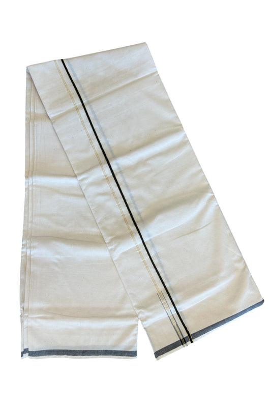 30% Discount ! KaithariKada 100% Cotton Balaramapuram HANDLOOM off white (Unbleached) Single Mundu/Dhoti -  0.5 cm (2 meter / 4 muzham) Black Kara and Kasavu puliyilakkara - 4.