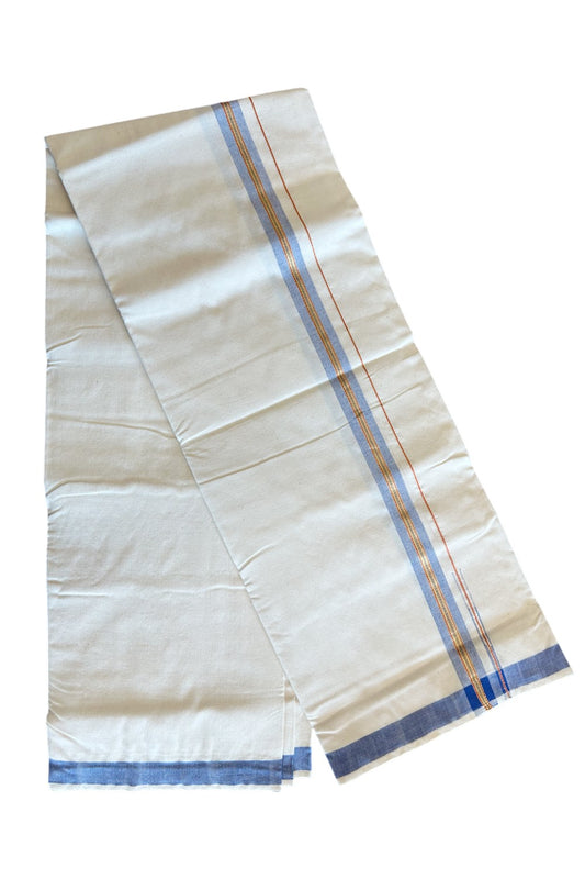 30% Discount ! KaithariKada 100% Cotton Balaramapuram HANDLOOM Single Mundu/Dhoti - Off White (Unbleached) 1.Inch (2 meter / 4 muzham) Blue & Red Stripes Kasavu Puliyilakkara Chutty- KAIR03.