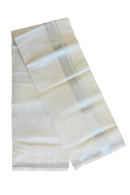 25% DISCOUNT ! KaithariKada HANDLOOM Millpaav Balaramapuram - 100% PURE Cotton Off White (Unbleached) Double Mundu/Dhoti - Silver KASAVU Stripes Design - 12KK37RAM