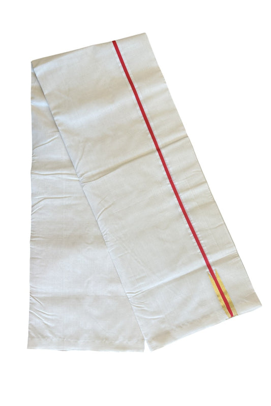 30% DISCOUNT!! KaithariKada HANDLOOM UNAKKUPAAV Balaramapuram - 100% PURE Cotton OFF White - (Unbleached) Double Mundu/Dothi -Red Kara & Kasavu Puliyilakkara Chutty- 2KK506RAM