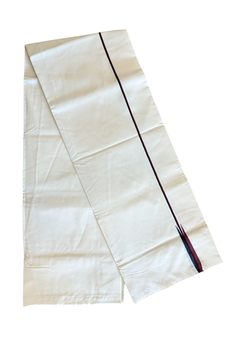 DMK Veshti - KaithariKada Balaramapuram 100% COTTON SINGLE OFF WHITE- (Unbleached) Mundu/Dhoti-100X100 - 0.5 Inch Puliyilakkara Maroon & Black Chutty (2 meter / 4 muzham) - 20KK411ASH