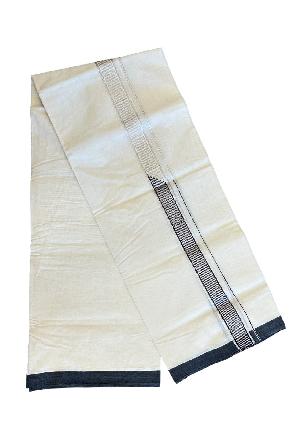 20% Discount !! KaithariKada Balaramapuram 100% Cotton Double Off White - (Unbleached) Mundu/Dhoti-100x100 1.5 inch Heavy Chutty Silver Kasavu & Black Striped kara - 8KK5055ASH