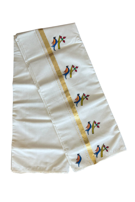 30% Discount!! KaithariKada HANDLOOM Millpaav Balaramapuram - 100% PURE Cotton OFF White - (Unbleached) Double Mundu/Dothi - 1.25 Inch Kasavu kara Hand Painted Bird Design - 2KK5091RAM