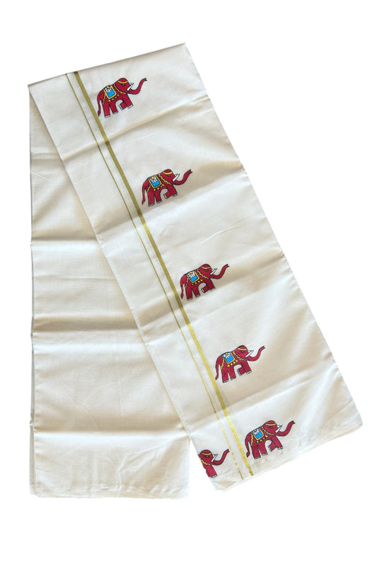 KaithariKada Balaramapuram 100% Cotton Double Off white - (Unbleached) Mundu/Dhoti - 100x80 0.75 inch Kasavu & Hand Painted Elephant Design Kara 3.72 meter (8 Muzham) - 2KK5092ASH