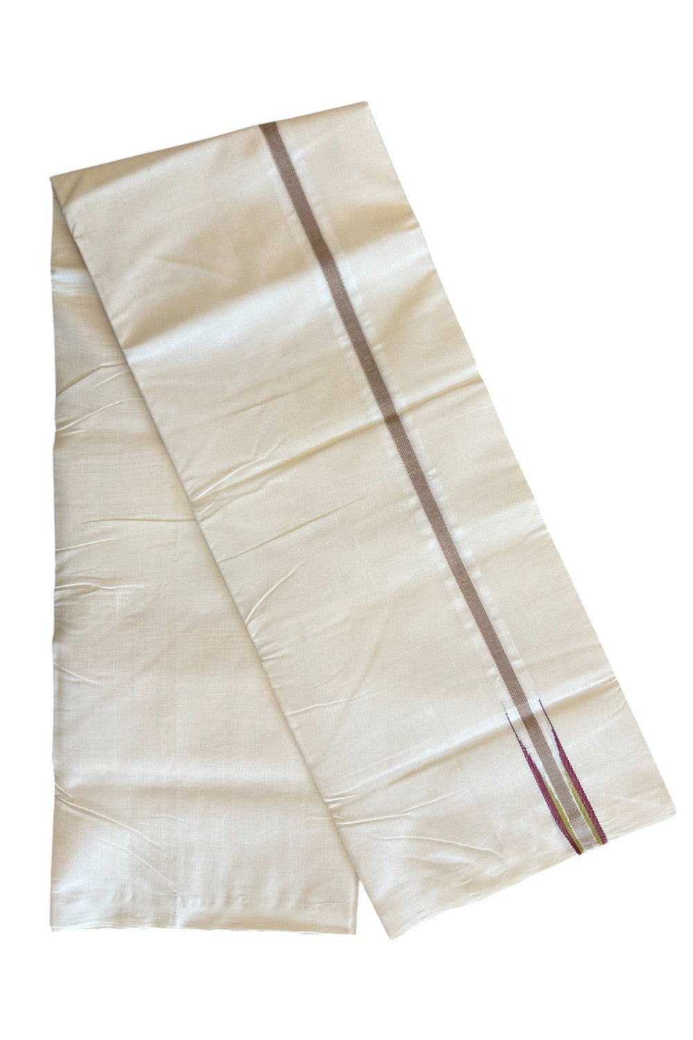 30% DISCOUNT!! KaithariKada HANDLOOM Millpaav Balaramapuram - 100% PURE Cotton OFF White - (Unbleached) Double Mundu/Dothi - 1.25 inch Puliyilakkara Green Maroon & Silver Kasavu Striped Chutty Kara - 2KK5105RAM