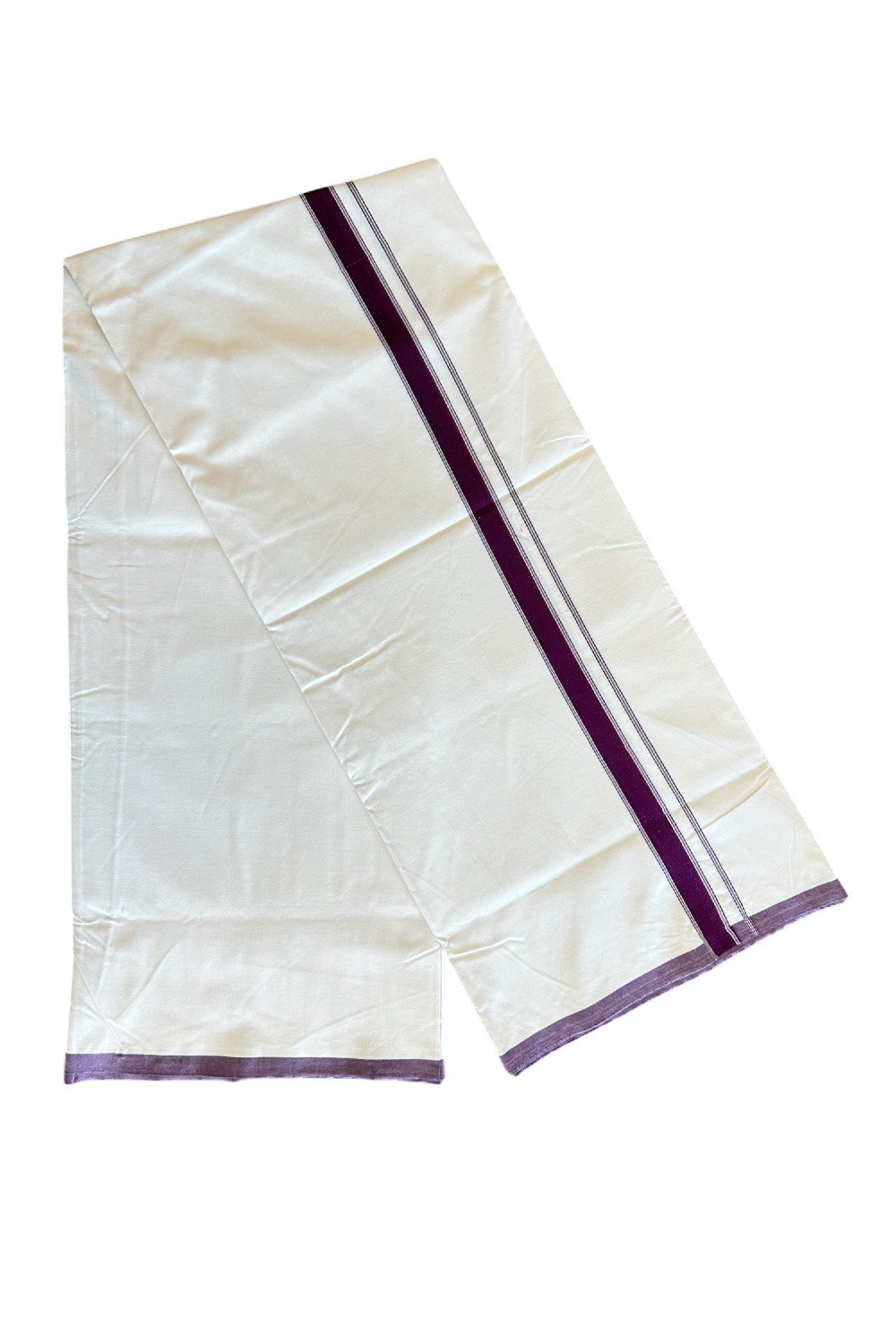 28% DISCOUNT ! KaithariKada Balaramapuram 100% COTTON SINGLE OFF WHITE - (Unbleached) Mundu/Dhoti-Twisted 100s Thread- 1.75 inch Wine Purple Striped Kara (2 meter / 4 muzham) - 2KK5120ASH