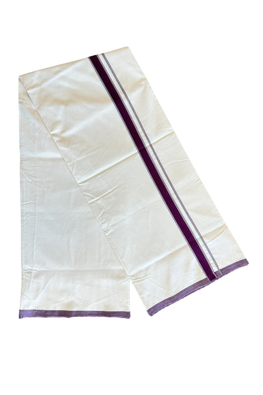 28% DISCOUNT ! KaithariKada Balaramapuram 100% COTTON SINGLE OFF WHITE - (Unbleached) Mundu/Dhoti-Twisted 100s Thread- 1.75 inch Wine Purple Striped Kara (2 meter / 4 muzham) - 2KK5120ASH
