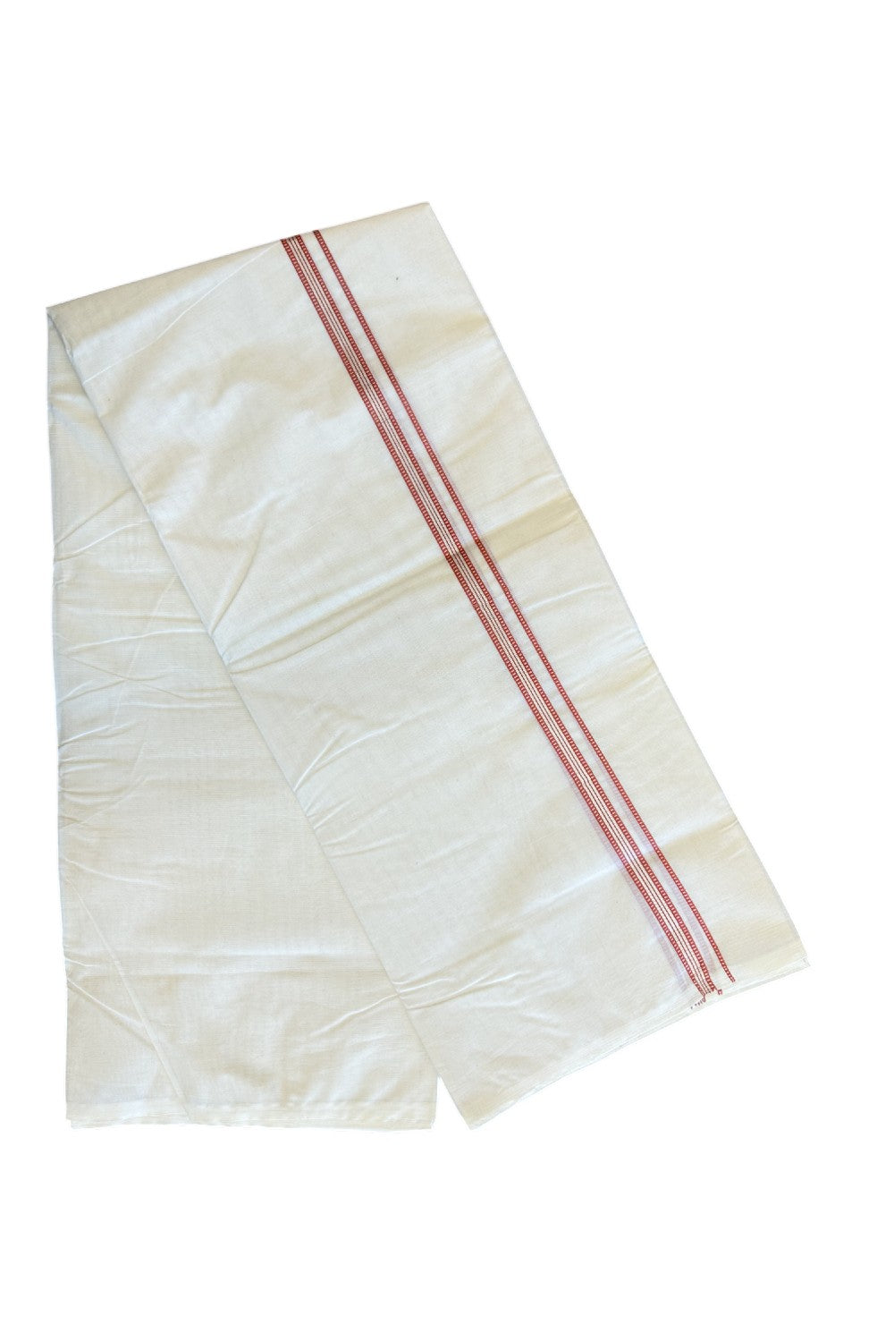 20% Discount KaithariKada Balaramapuram 100% Cotton Double Off white - (Unbleached) - Mundu/Dhoti - 100x100 - 0.5 inch Silver Kasavu & Brick Red Kara -3.60m (8muzham)- 8KK5125ASH