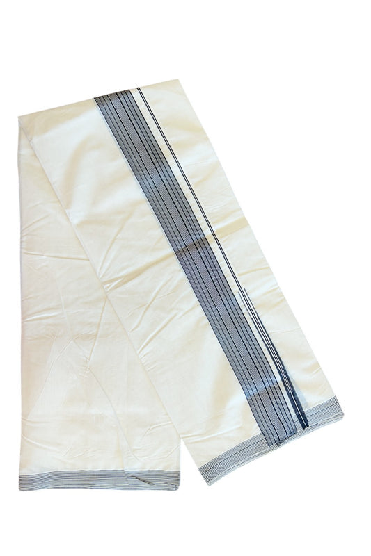 25% DISCOUNT ! KaithariKada Balaramapuram 100%  Cotton Double Off white (Unbleached) Mundu/Dhoti - 100X100 - Puliyilakkara chutty 2.25 Inch Black & White striped kara - 2KK5126ASH