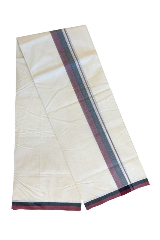 DMK Veshti - 13% DISCOUNT! KaithariKada 100% Cotton off white Double - (Unbleached) Mundu/Dhoti - 100X100 - 2.25 inch Black & Maroon shaded kara - 2KK5133ASH