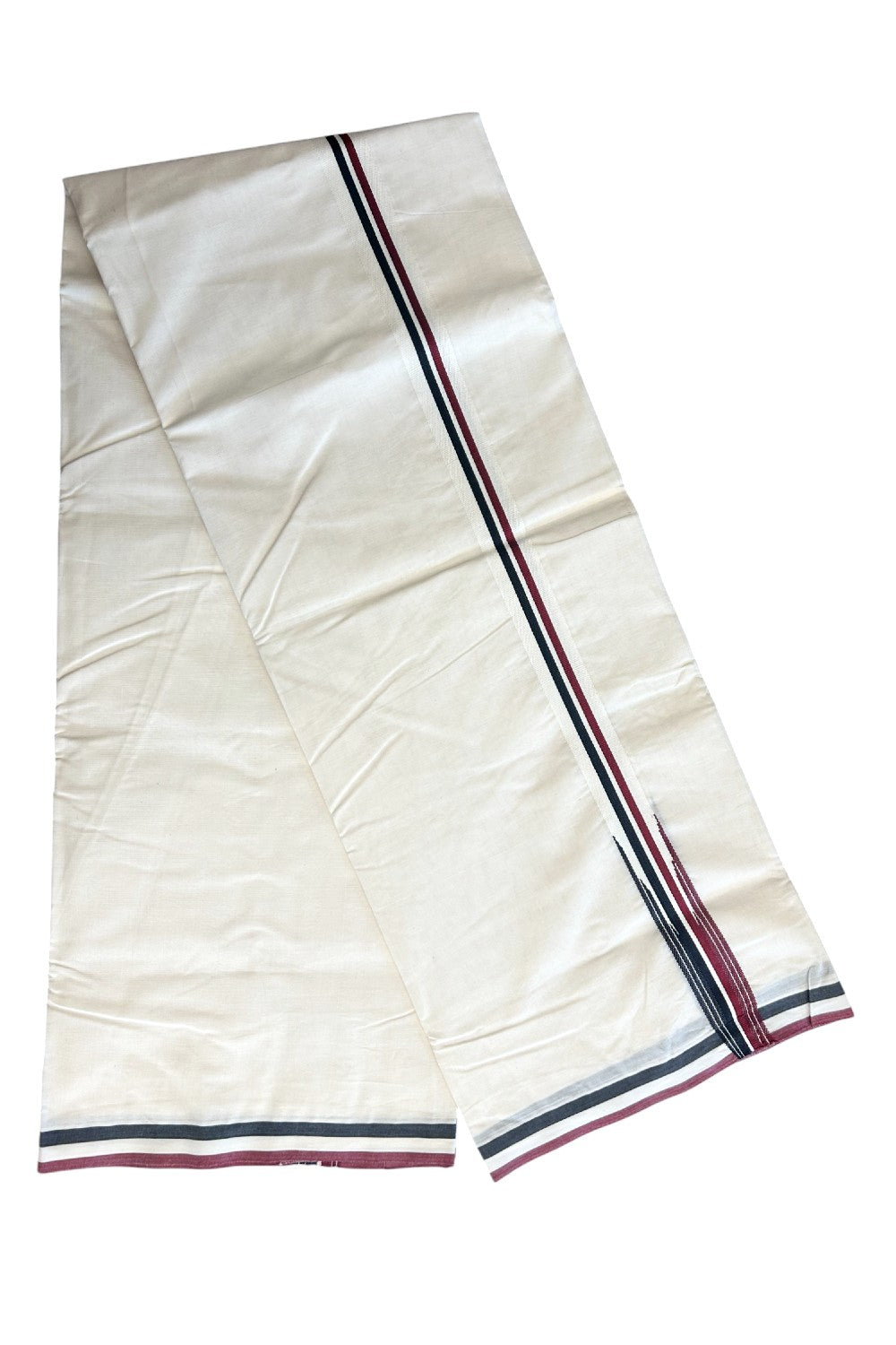AIADMK VESHTI - 22% DISCOUNT! KaithariKada 100% Cotton off white Double - (Unbleached) Mundu/Dhoti - 100X100 - 1 inch Black White & Maroon Striped Wings Chutty kara- 2KK5150ASH