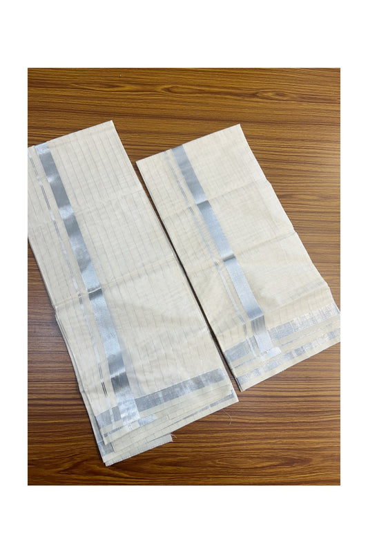 25% Discount!! KaithariKada - Kerala Pure Cotton OFF WHITE Single Set Mundu - EXTRA LENGTH - Stripes Silver Kasavu Kara - 2KK5152PMC