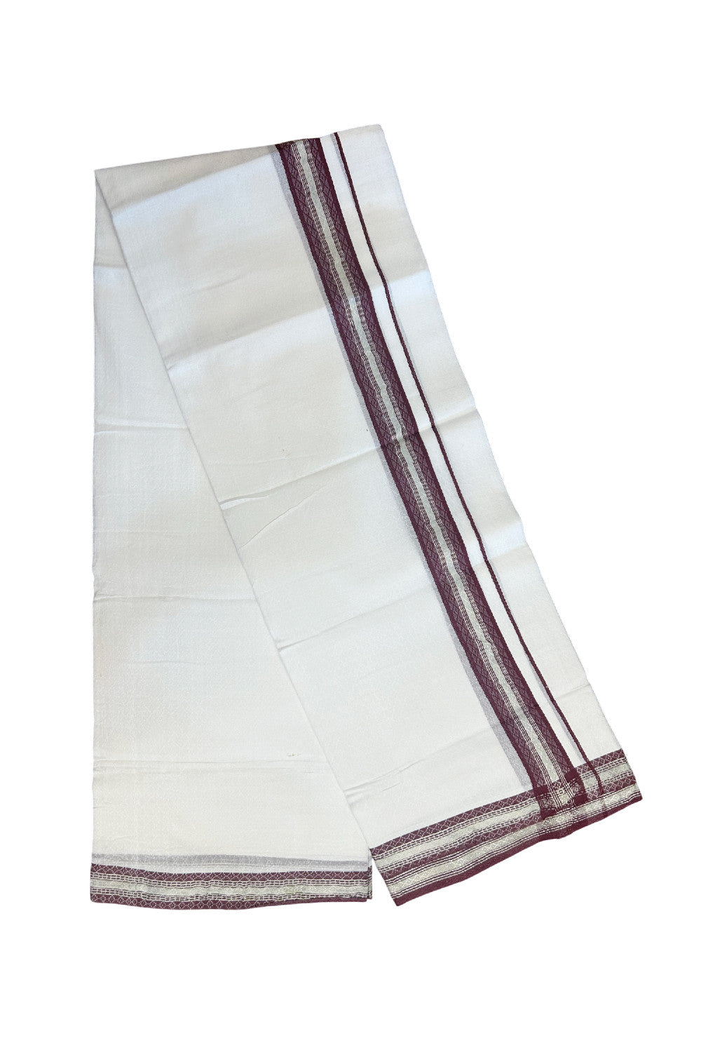 EMBOSSED COTTON 33% DISCOUNT!! Kaitharikada Balaramapuram 100% Cotton PURE WHITE Double Mundu/Dothi - 100X80 - 1.25 Inch Wine Purple Silver striped Kara with embossed design body - 2KK5155THI