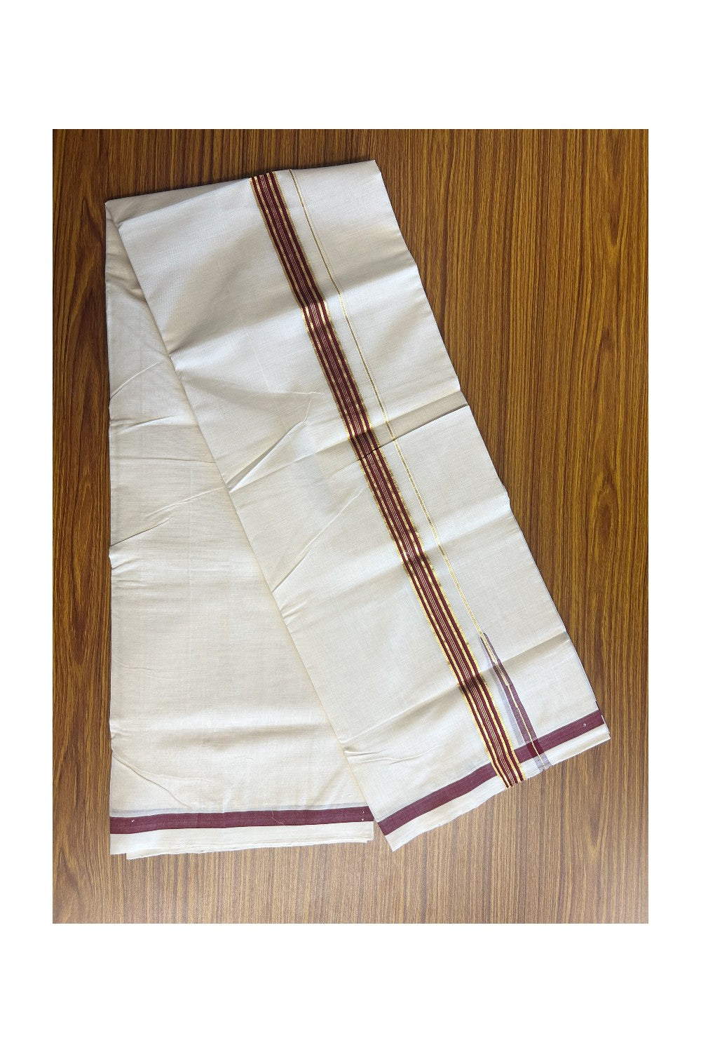 25% DISCOUNT!! KaithariKada HANDLOOM Millpaav Balaramapuram - 100% PURE Cotton OFF White Double- (Unbleached) Mundu/Dothi - 1 inch Puliyilakkara side stripes MAROON & Gold kasav chutty Kara - 2KK5156YAR