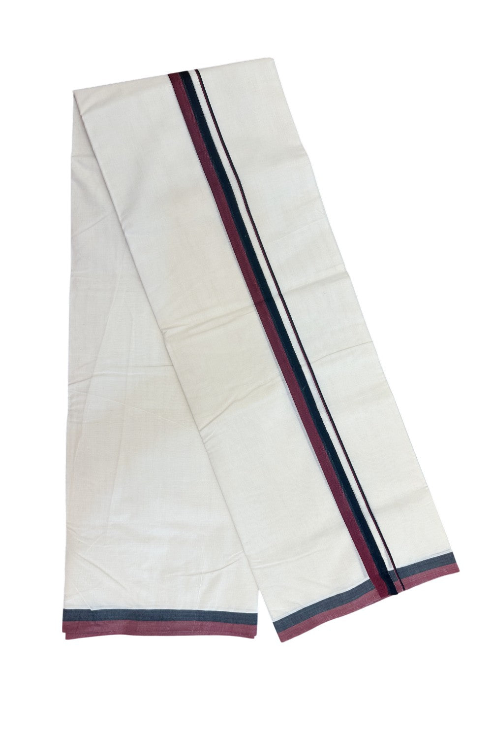 DMK Veshti - 37% DISCOUNT! KaithariKada 100% Cotton off white Double - (Unbleached) Mundu/Dhoti - 100X100 - 1 inch Black & Maroon kara - 2KK5158ASH