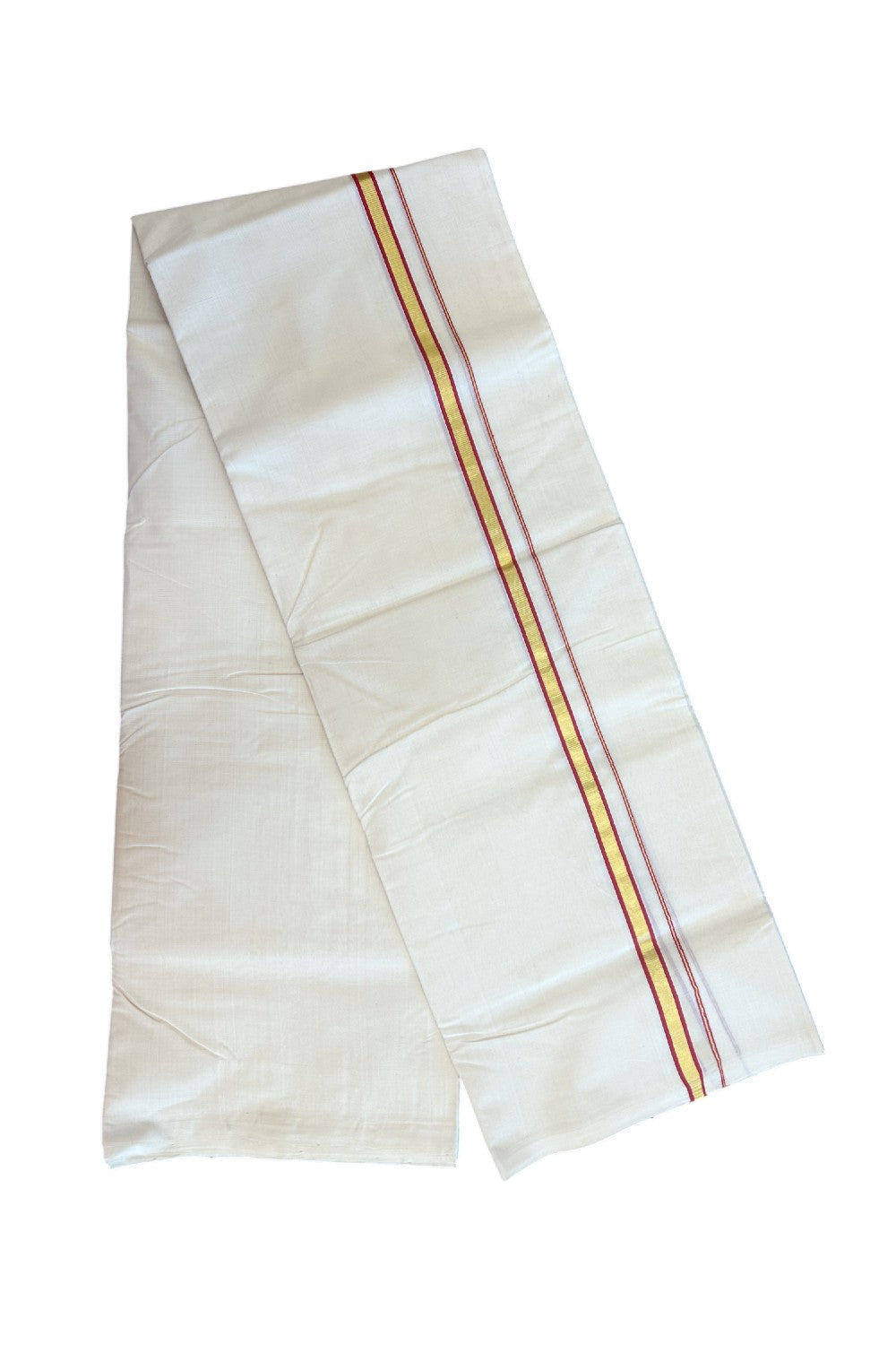 25% DISCOUNT! KaithariKada BALARAMAPURAM HANDLOOM UNAKKUPAAV - 100% PURE Cotton Off white (Unbleached) Double Mundu/Dhoti - 1.5 cm Gold Kasavu & Deep Red Kara (8 Muzham) - 2KK5161SOM