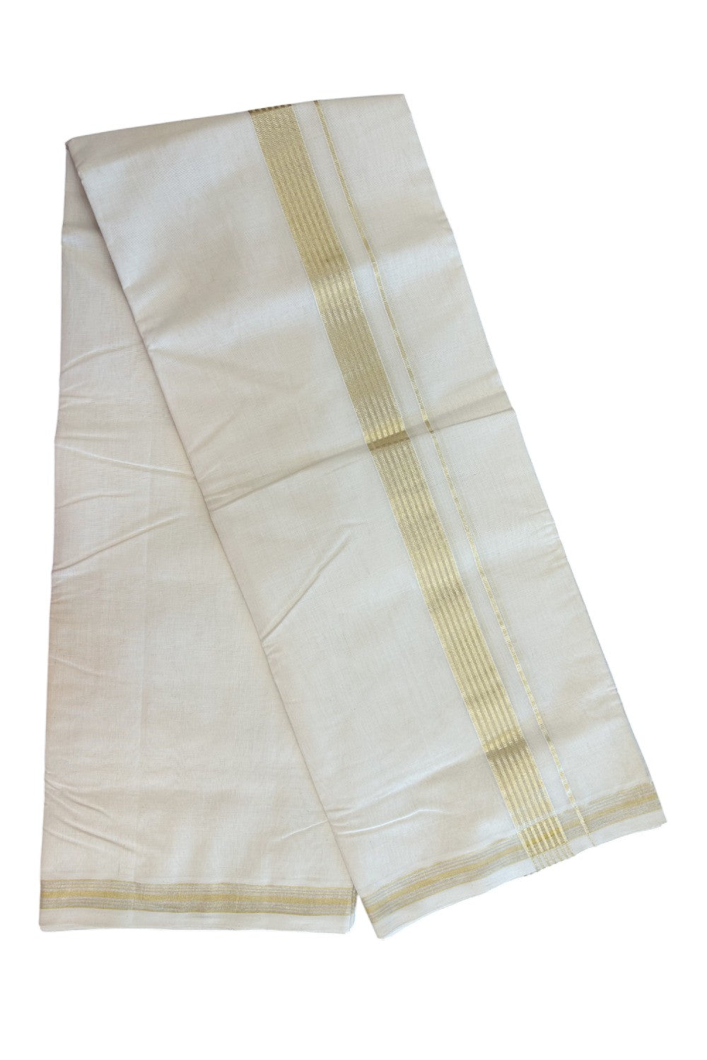27% DISCOUNT ! KaithariKada HANDLOOM Millpaav Balaramapuram - 100% PURE Cotton Off White - (Unbleached) Double Mundu/Dhoti - 1.25 inch Tissue Gold Kasavu Striped Kara - 2KK5162RAM