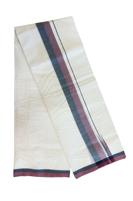 DMK Veshti - 24% DISCOUNT! KaithariKada 100% Cotton off white Double - (Unbleached) Mundu/Dhoti - 100X100 - 2 inch Puliyilakkara Black & Maroon Chutty kara - 3KK5163ASH