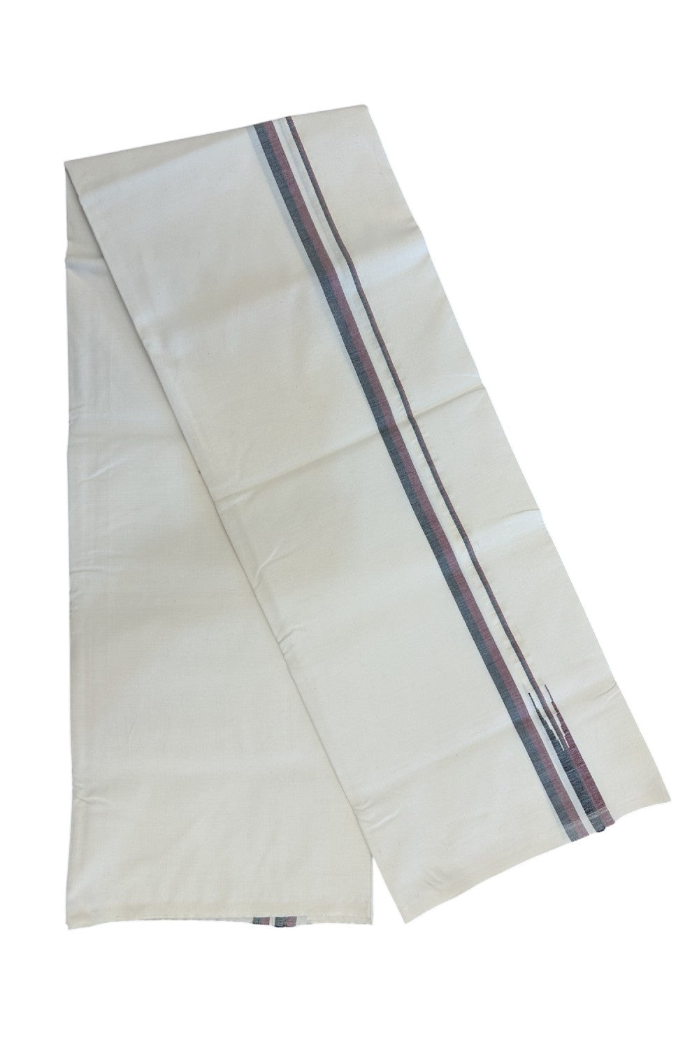 DMK Veshti - 28% DISCOUNT ! KaithariKada Balaramapuram 100% COTTON SINGLE OFF WHITE (Unbleached) Mundu/Dhoti-100X100 - 1.5 cm Puliyilakkara Maroon & Black Shaded Chutty Kara (2 meter / 4 muzham) -  2KK5165ASH