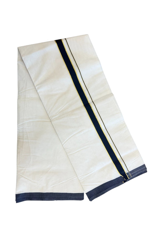 SHORT DHOTI SPECIAL! Kaitharikada.com 28% DISCOUNT! KaithariKada Balaramapuram 100% Cotton  Off white (Unbleached) Double Mundu/Dhoti-100x100 - 1 inch Kara & 46 inches Height Navy Blue & Kasavu Kara- 2KK5166ASH