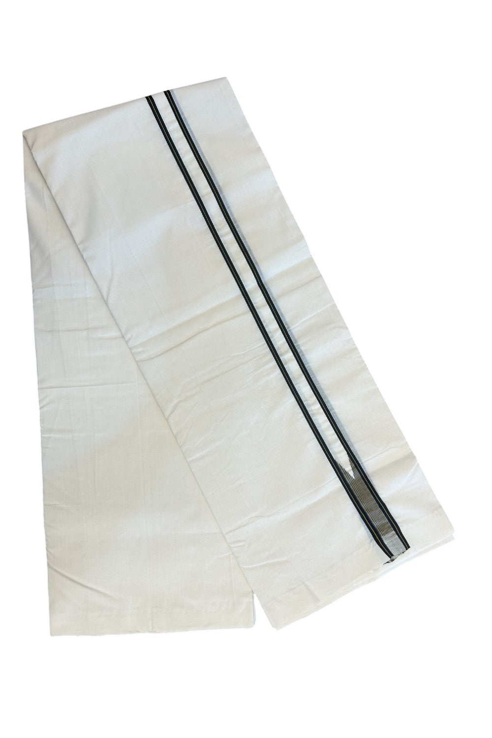 25% DISCOUNT!! KaithariKada HANDLOOM  UNAKKUPAAV Balaramapuram - 100% PURE Cotton OFF White - (Unbleached) Double Mundu/Dothi - 100X100 - 1 inch Puliyilakkara Black & Mustard Yellow striped chutty  - 4KK5167REA
