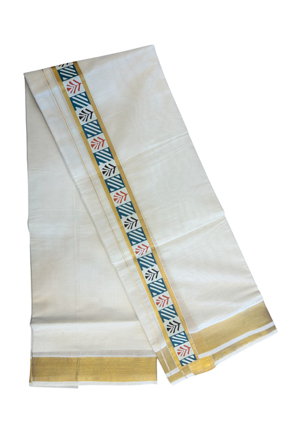 20% DISCOUNT! KaithariKada Balaramapuram 100% Cotton off white - (Unbleached) Double Mundu/Dhoti - 80X72  Cotton mix - 2 inch Printed Multicolour & Gold kasavu kara - 2KK5172PMC