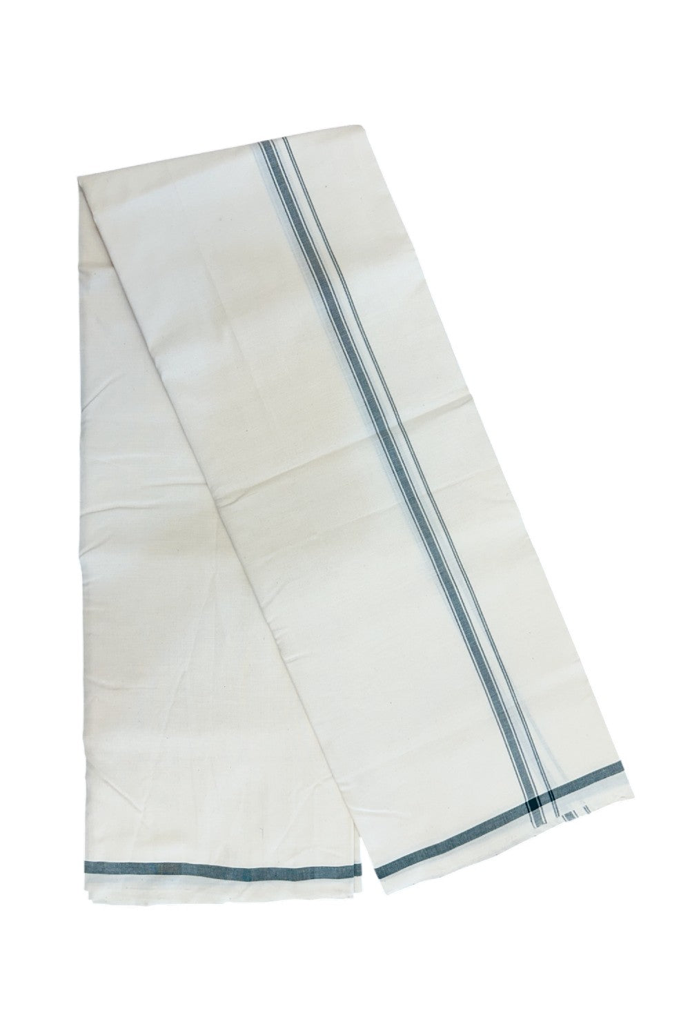 25%Discount! SIGNATURE KAITHARIKADA EXCLUSIVE SINGLE DHOTI - 100% Cotton Balaramapuram HANDLOOM Single Mundu/Dhoti - Off White - (Unbleached) 0.5 inch Green Striped Kara (2 meter / 4 muzham)- 2KK5173KAI