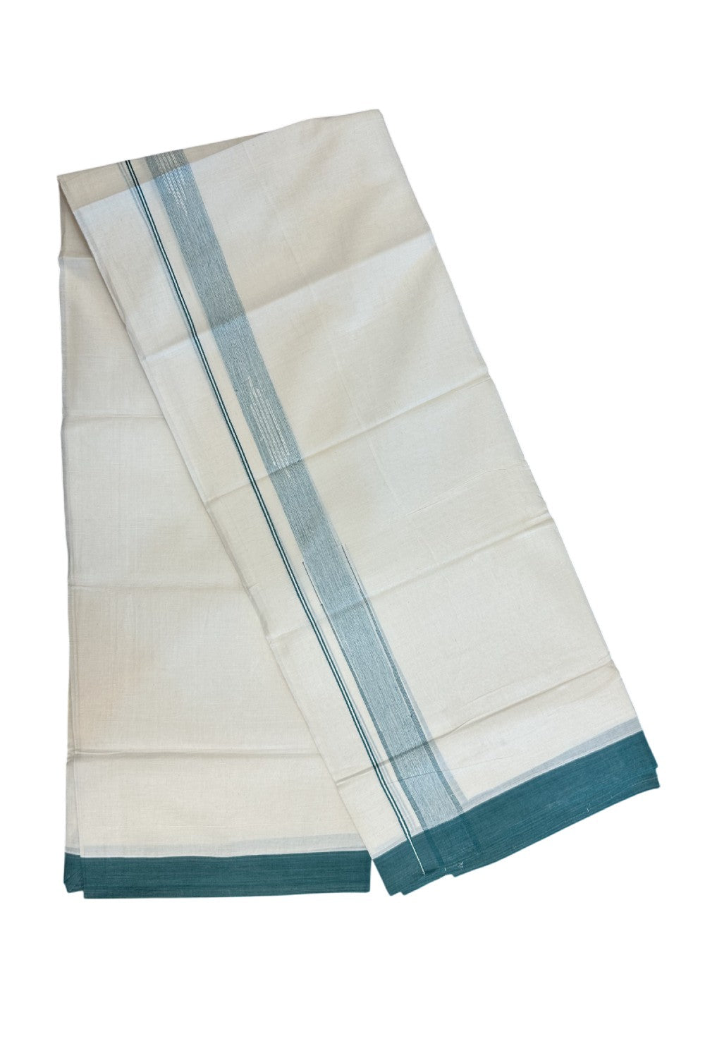 25% DISCOUNT! KaithariKada Balaramapuram Double OFF WHITE 100% Cotton Mundu/Dhoti - 100x80 - 1.25 inch Putta Design Green shaded chutty kara - 2KK5174THI