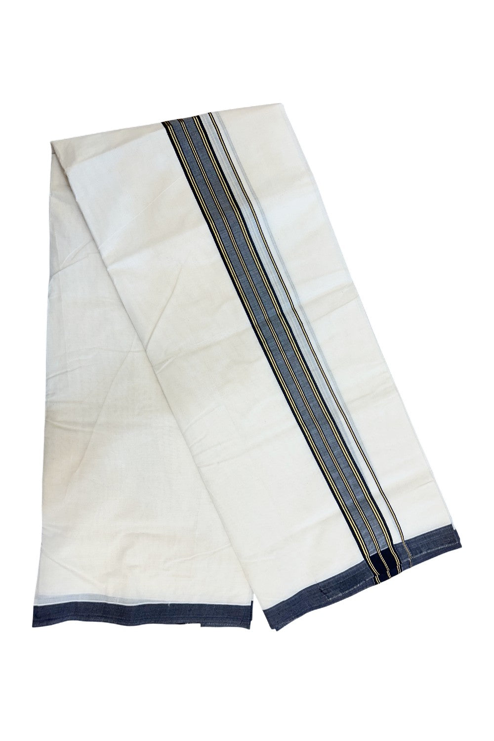 SHORT DHOTI SPECIAL! Kaitharikada.com 32% DISCOUNT! KaithariKada Balaramapuram 100% Cotton  Off white (Unbleached) Double Mundu/Dhoti-100x100 - 1.25 inch Kara & 46 inches Height Navy Blue & Kasavu Striped Kara- 2KK5178ASH