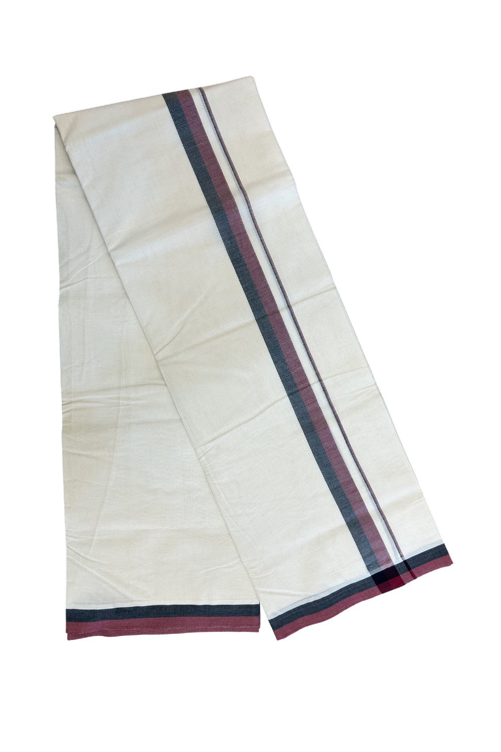 DMK Veshti - 13% DISCOUNT! KaithariKada 100% Cotton off white Double - (Unbleached) Mundu/Dhoti - 100X100 - 1 inch Black & Maroon shaded kara - 2KK5179ASH