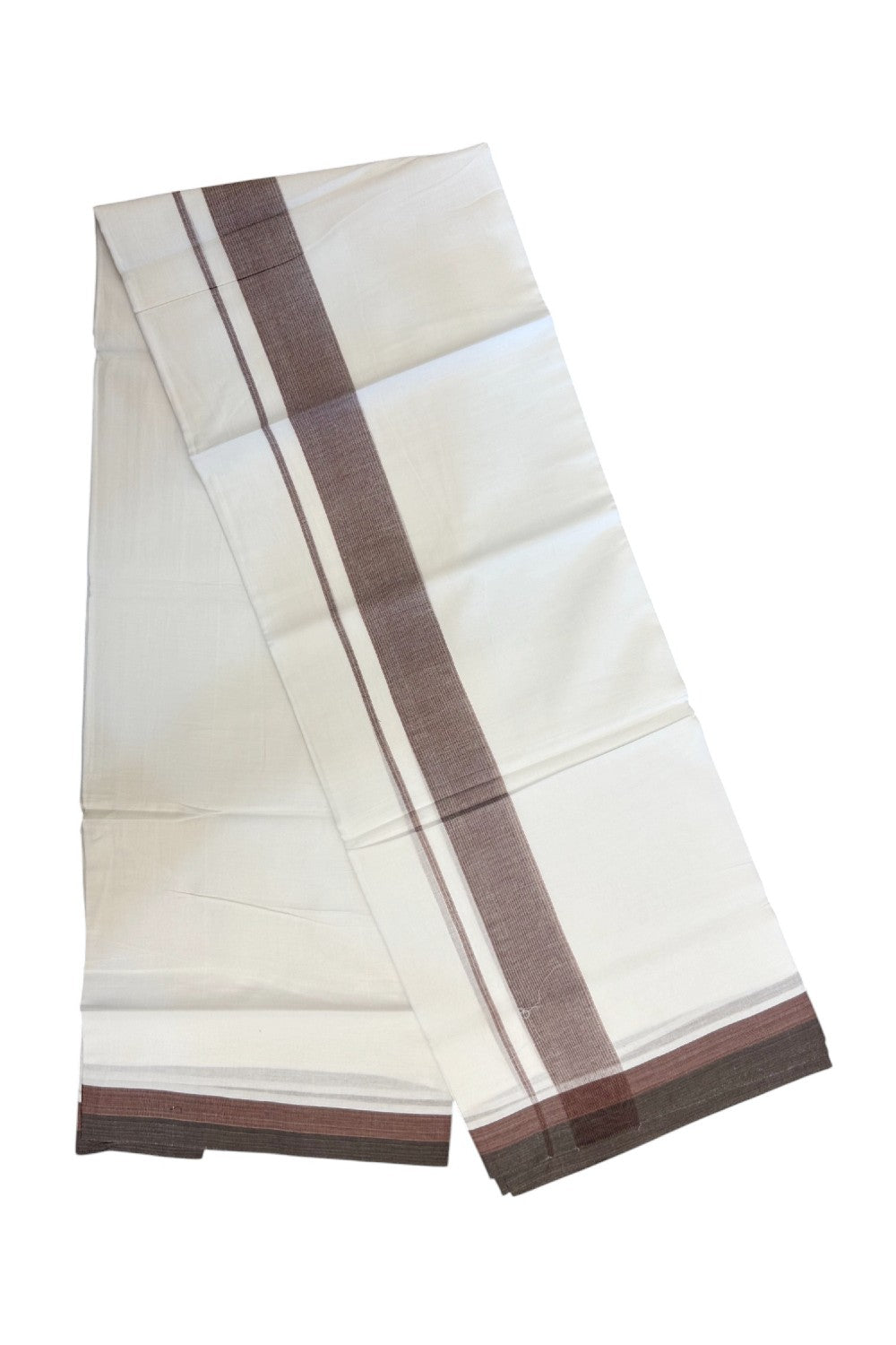 20% Discount ! Kaitharikada Balaramapuram 100% Cotton PURE WHITE Double Mundu/Dothi - 100x80 - 1.75 inch Chocolate Brown & Walnut brown Striped Kara - 2KK5183VIN