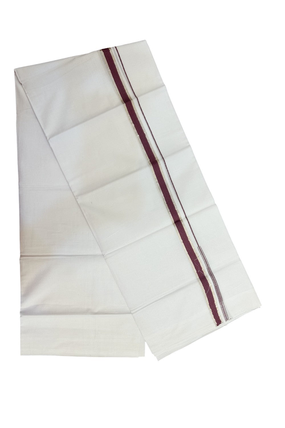 20% Discount !! Kaitharikada Balaramapuram 100% Cotton PURE WHITE Double Mundu/Dothi - 100x80 - 0.75 inch Silver Kasavu & Grape Wine Chutty Kara - 2KK5191CKS