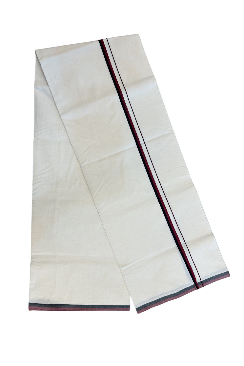 DMK Veshti - 17% DISCOUNT ! KaithariKada Balaramapuram 100% COTTON SINGLE OFF WHITE - (Unbleached) Mundu/Dhoti- 100X100 - 1 cm Maroon & Black Kara (2 metre /4 muzham) - 2KK5187ASH