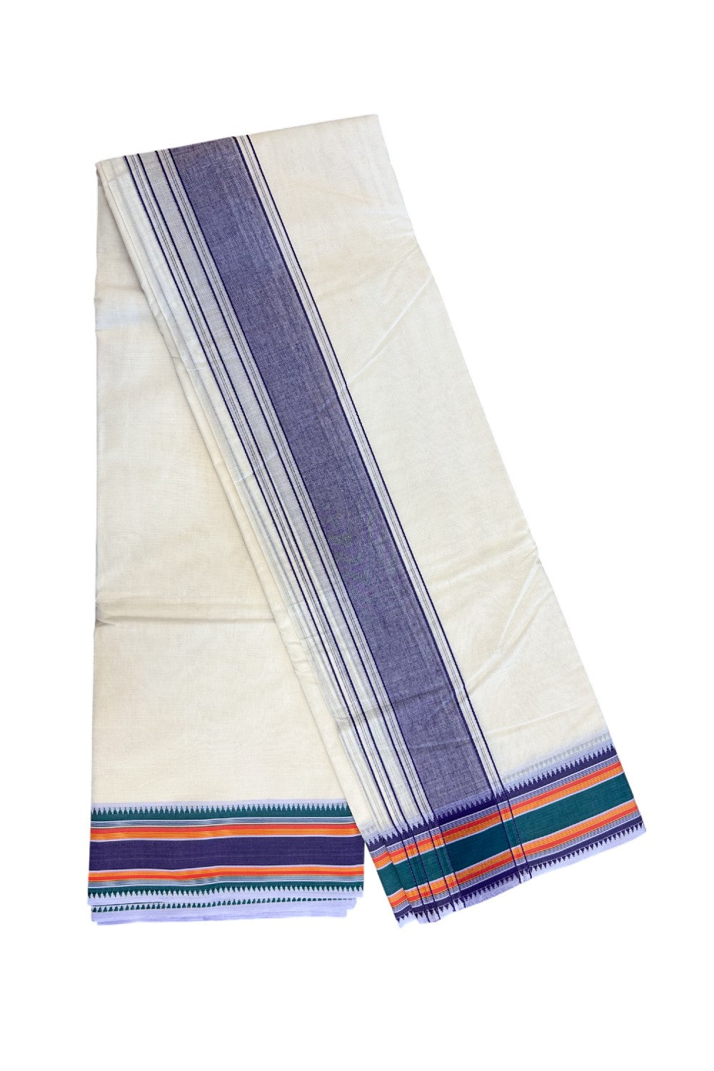 20% DISCOUNT! KaithariKada 100% Cotton Off White - (Unbleached) - Pure Cotton -100x100 thread - NORTH INDIAN - ATTACHED GAMCHA 9X5 Dhoti Violet kara with Violet Green & Orange Striped border - 2KK5196PMC