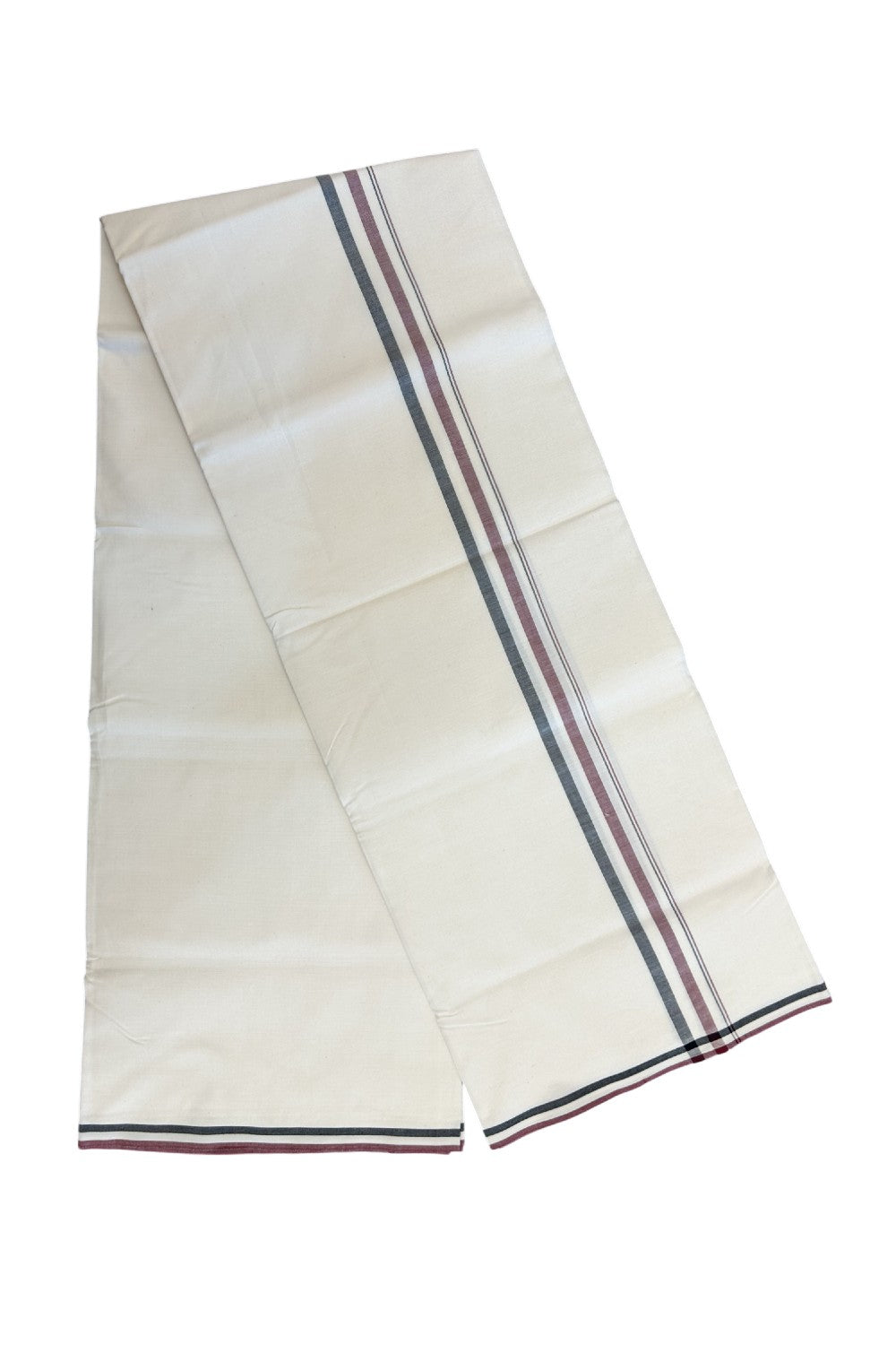 ADMK VESHTI - 20% DISCOUNT! KaithariKada 100% Cotton off white Single - (Unbleached) Mundu/Dhoti - 100X100 - 1 inch Black White & Maroon Shaded kara - 2KK5198ASH